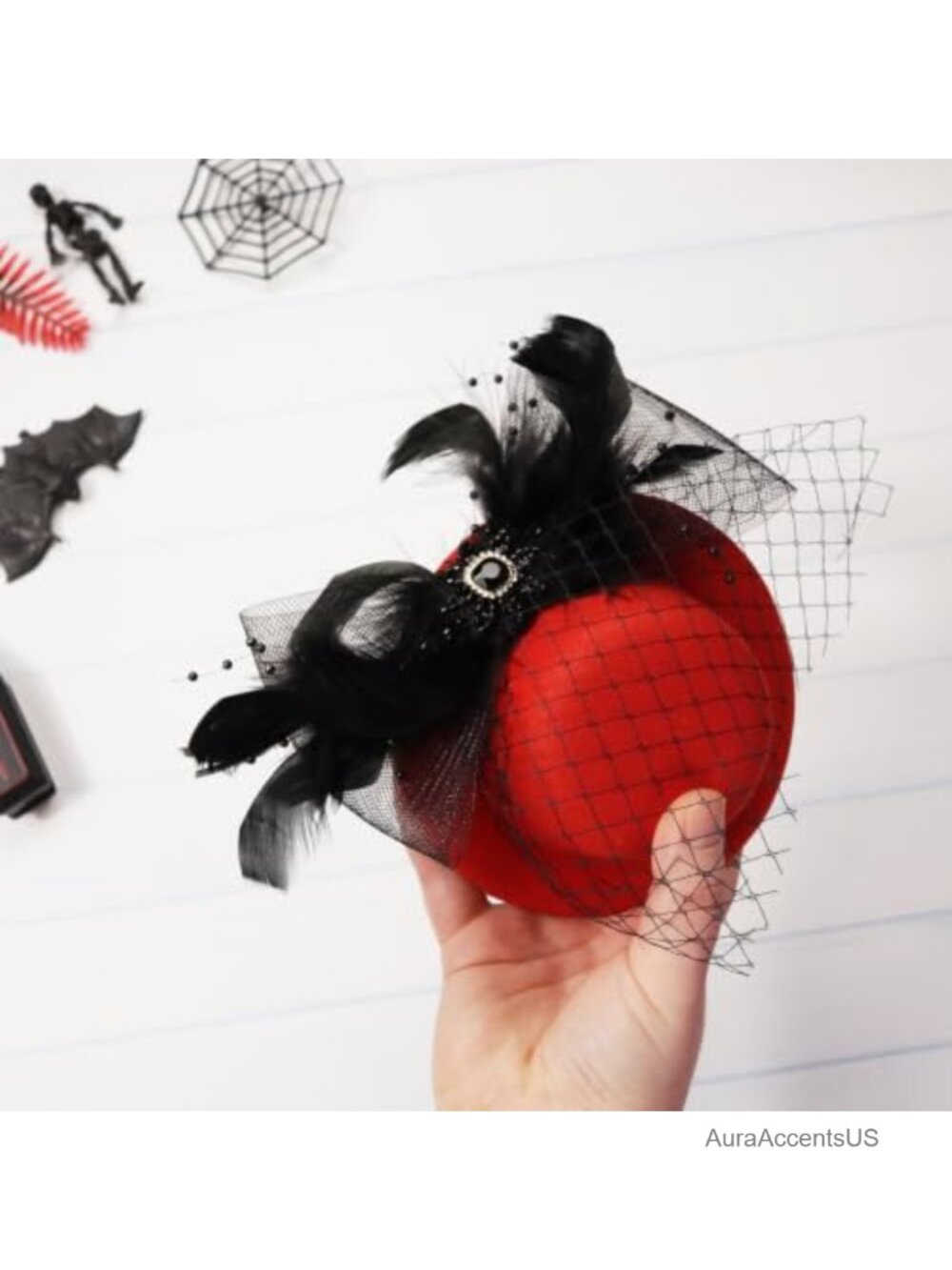 Mini Top Hat Fascinator Hair Clip Feathers Fishnet One Size - Picture 5 of 6